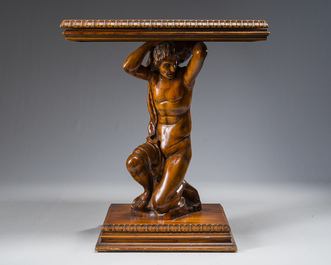 An Italian wooden console table in the shape of a kneeling man carrying a panel, second half 20th C.
