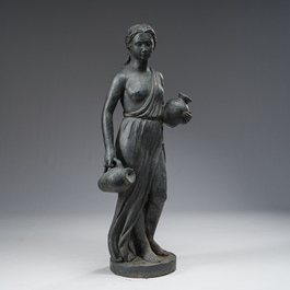 A patinated lead garden statue of a lady with water jugs in her hand, 19th/20th C.