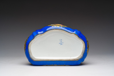 A French gilt and polychrome decorated jewelry box with amorous scenes and floral design, S&egrave;vres mark, 19th/20th C.