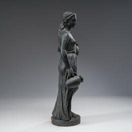 A patinated lead garden statue of a lady with water jugs in her hand, 19th/20th C.