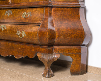 A large Louis XV style burl wood veneered wooden display cabinet with two glass doors and two drawers, ca. 1900
