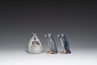 Three Danish Royal Copenhagen polychrome decorated porcelain models of an Arctic tern and penguins, 20th C.