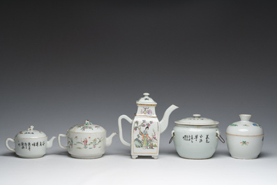 Three Chinese famille rose and qianjiang cai teapots and two bowls and covers with animated scenes and floral design, 19th/20th C.