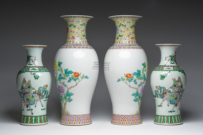 Deux pairs de vases en porcelaine de Chine famille rose et famille verte &agrave; d&eacute;cor d'oiseaux parmi des branches fleuries et de sc&egrave;nes anim&eacute;es, 20&egrave;me s.