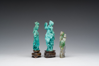 Two Chinese turquoise figures of Lan Caihe and a jade lady figure, 20th C.