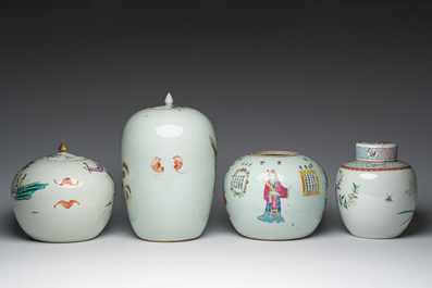 Four Chinese famille rose and qianjiang cai jars with animated scenes and floral and 'Wu Shuang Pu' design, 19th/20th C.
