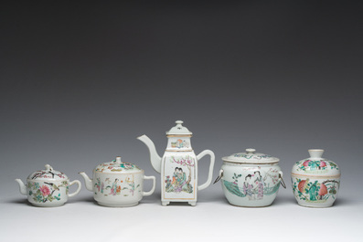 Three Chinese famille rose and qianjiang cai teapots and two bowls and covers with animated scenes and floral design, 19th/20th C.