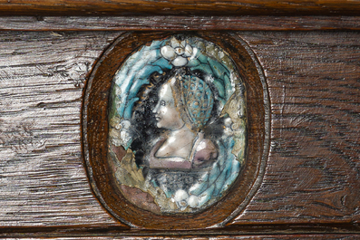 A French richly carved oak Neo-Renaissance credence with portrait miniatures, 19th C.