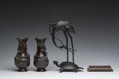 A pair of Japanese bronze vases with dragon relief design, a 'crane and turtle' joss stick holder and a stamp box, Meiji and later, 19th/20th C.