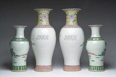 Deux pairs de vases en porcelaine de Chine famille rose et famille verte &agrave; d&eacute;cor d'oiseaux parmi des branches fleuries et de sc&egrave;nes anim&eacute;es, 20&egrave;me s.