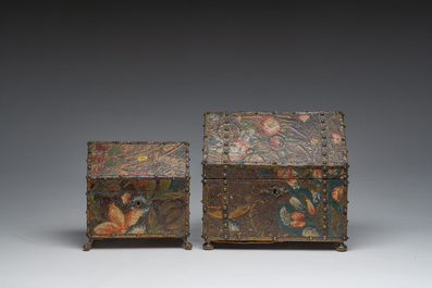 Two leather-covered boxes with floral design and a Cordoba leather panel with gilt design, Mechelen, 17th/18th C. and later