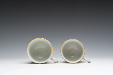 Two Chinese famille verte cups and saucers with floral design, Qianlong