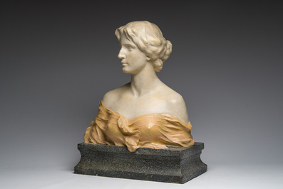 Charles Van De Waele (19th/20th C): Bust of a lady on a pedestal, polychrome decorated plaster, dated 1909