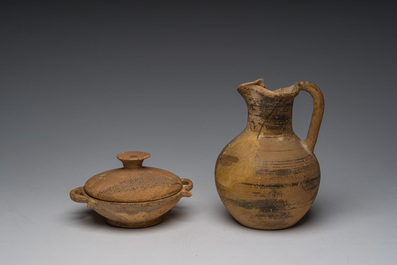 A Greek terracotta onoichoe or wine jug and a bowl and cover, Thorikos (Thoricus), presumably 5th/4th C. BC.
