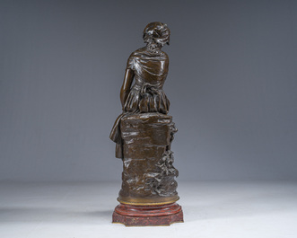 Mathurin Moreau (1822-1912): Girl sitting on a rock with a jug in her hand, brown patinated bronze on a red marble base