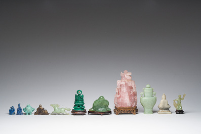 Eleven Chinese hardstone sculptures, a.o. jade, quartz, turquoise, malachite and lapis lazuli, 19th/20th C.