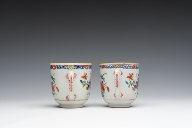 Two Chinese famille verte cups and saucers with floral design, Qianlong