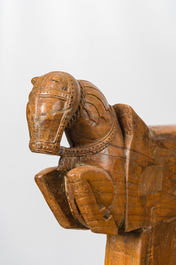 A North Indian carved wooden bridal chest with floral design and horses, Rajasthan, 20th C.
