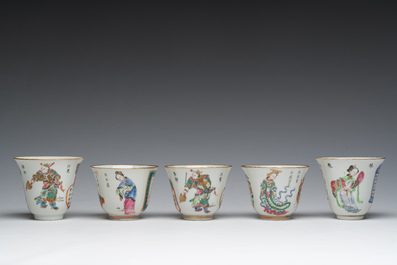 Five Chinese famille rose 'Wu Shuang Pu' cups and saucers, Daoguang marks, 19th C.