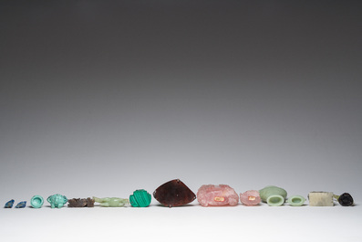 Eleven Chinese hardstone sculptures, a.o. jade, quartz, turquoise, malachite and lapis lazuli, 19th/20th C.
