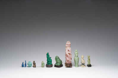 Eleven Chinese hardstone sculptures, a.o. jade, quartz, turquoise, malachite and lapis lazuli, 19th/20th C.