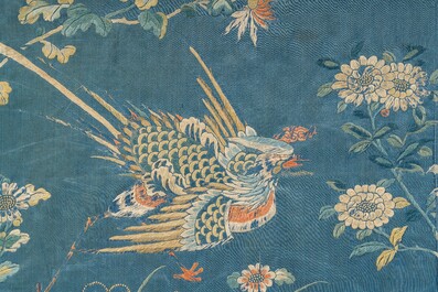 A Chinese horizontal silk embroidery with the 'Star God' Shou Xing and his servant in a landscape, 19th C.
