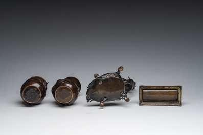 A pair of Japanese bronze vases with dragon relief design, a 'crane and turtle' joss stick holder and a stamp box, Meiji and later, 19th/20th C.