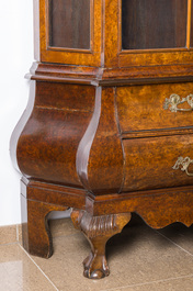A large Louis XV style burl wood veneered wooden display cabinet with two glass doors and two drawers, ca. 1900