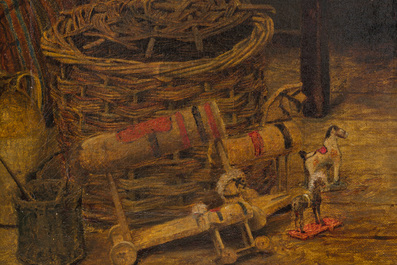 Ecole belge, monogramm&eacute;e R.B. : Fillette et le fabricant de jouets dans son atelier, huile sur toile, dernier quart du 19&egrave;me si&egrave;cle