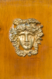 An imposing French Empire style gilt bronze mounted cherrywood dresser with a green marble top, 20th C.