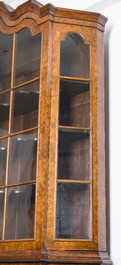 A large Louis XV style burl wood veneered wooden display cabinet with two glass doors and two drawers, ca. 1900
