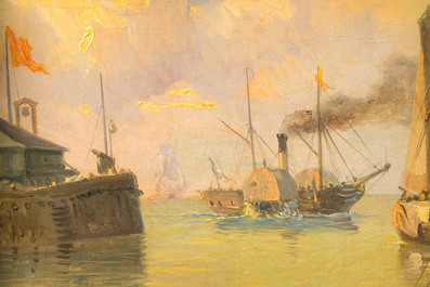 Belgian school, monogrammed AFT (19th/20th C.): Animated view of a shipping channel, oil on canvas