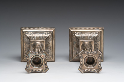A pair of English silver Corinthian column-shaped candlesticks, maker's mark James Dixon &amp; Sons, Sheffield, dated 1906