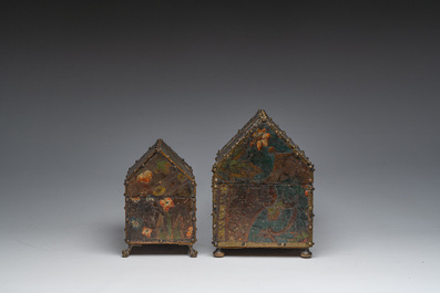 Two leather-covered boxes with floral design and a Cordoba leather panel with gilt design, Mechelen, 17th/18th C. and later