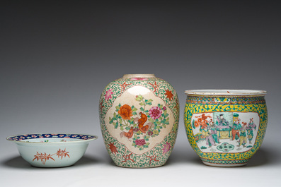 A Chinese Nanking crackle glazed famille rose jar with roosters and flowers, Kangxi mark, a bowl and a famille verte jardini&egrave;re, 19th/20th C.