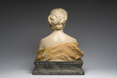 Charles Van De Waele (19th/20th C): Bust of a lady on a pedestal, polychrome decorated plaster, dated 1909