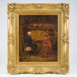 Ecole belge, monogramm&eacute;e R.B. : Fillette et le fabricant de jouets dans son atelier, huile sur toile, dernier quart du 19&egrave;me si&egrave;cle