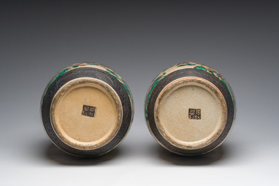 A pair of Chinese Nanking crackle glazed famille verte 'warrior' vases, 19th C.