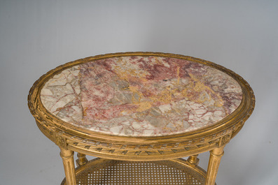 A French Louis XVI style eight-piece carved and gilt wooden salon set, 19th/20th C.