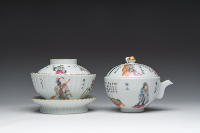 A Chinese famille rose bowl and cover on stand and a teapot and cover with 'Wu Shuang Pu' design, Daoguang marks, 20th C.