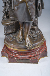 Mathurin Moreau (1822-1912): Girl sitting on a rock with a jug in her hand, brown patinated bronze on a red marble base