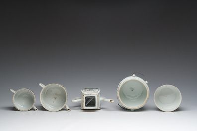 Three Chinese famille rose and qianjiang cai teapots and two bowls and covers with animated scenes and floral design, 19th/20th C.