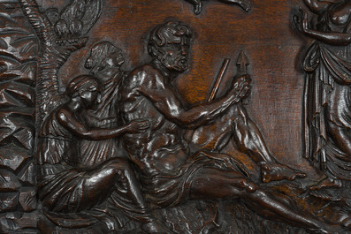A French richly carved oak Neo-Renaissance credence with portrait miniatures, 19th C.