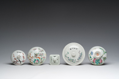 Three Chinese famille rose and qianjiang cai teapots and two bowls and covers with animated scenes and floral design, 19th/20th C.