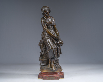 Mathurin Moreau (1822-1912): Girl sitting on a rock with a jug in her hand, brown patinated bronze on a red marble base