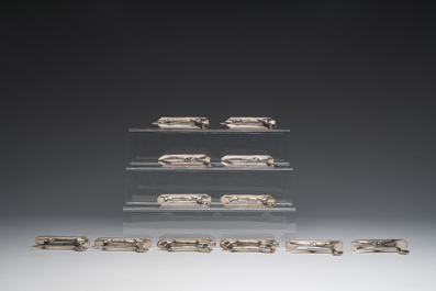 Six pairs of animal-shaped silver-plated metal cutlery rests, Wiskemann, Belgium, 20th C.