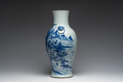 A Chinese blue and white baluster vase with an animated river landscape, 19th C.