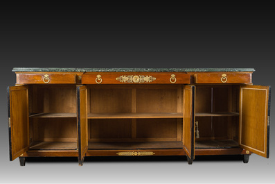 An imposing French Empire style gilt bronze mounted cherrywood dresser with a green marble top, 20th C.
