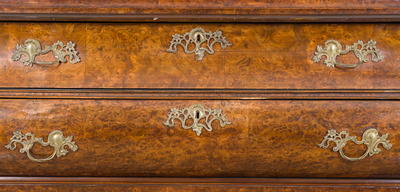 A large Louis XV style burl wood veneered wooden display cabinet with two glass doors and two drawers, ca. 1900