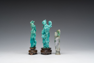 Two Chinese turquoise figures of Lan Caihe and a jade lady figure, 20th C.
